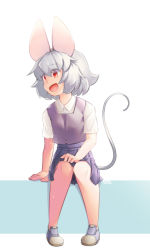 Rule 34 | 1girl, alternate costume, animal ears, bbb (33kudo), blue footwear, breasts, brown vest, collared shirt, commentary request, contemporary, full body, grey hair, grey skirt, hair between eyes, looking to the side, mouse ears, mouse girl, mouse tail, nazrin, open mouth, pleated skirt, red eyes, shirt, short hair, sitting, skirt, small breasts, smile, solo, tail, touhou, vest, white background, white shirt