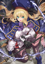 Rule 34 | 1girl, absurdres, artoria caster (fate), artoria caster (second ascension) (fate), artoria pendragon (fate), belt, beret, black gloves, black pantyhose, blonde hair, blue cape, blue hat, blush, breasts, buttons, cape, double-breasted, dress, fate/grand order, fate (series), gloves, green eyes, hat, highres, holding, holding staff, hood, hooded cape, long hair, long sleeves, looking at viewer, multicolored cape, multicolored clothes, open mouth, pantyhose, red cape, small breasts, solo, staff, thighs, torn clothes, torn pantyhose, twintails, tyone, white dress