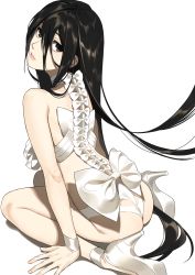 Rule 34 | 1girl, absurdres, ass, bare shoulders, black hair, bow, comeo (komeo15), commentary request, dress, from behind, green eyes, hair between eyes, highres, long hair, looking at viewer, multiple bows, original, panties, parted lips, revealing clothes, simple background, sitting, solo, underwear, white background, white bow, white dress, white panties