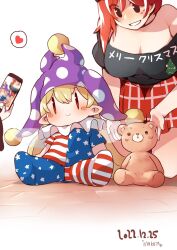 Rule 34 | 3girls, alternate eye color, american flag, american flag pants, american flag print, american flag shirt, animal ears, arm up, artist name, bare shoulders, bear ears, blonde hair, blurry, blush, breasts, brown dress, brown eyes, brown headwear, cellphone, chibi, christmas tree print, closed mouth, clothes writing, clownpiece, commentary request, dated, dress, eyes visible through hair, fairy wings, flag print, floor, grey shirt, hand up, hat, heart, hecatia lapislazuli, highres, holding, holding phone, jester cap, junko (touhou), large breasts, long hair, long sleeves, looking at another, medium hair, miniskirt, multiple girls, neck ruff, no shoes, off-shoulder shirt, off shoulder, pants, phone, plaid, plaid skirt, pointy ears, polka dot, print pants, print shirt, purple headwear, red eyes, red hair, red skirt, sayakata katsumi, seiza, shirt, short sleeves, simple background, sitting, skirt, smartphone, smile, speech bubble, star (symbol), star print, striped clothes, striped pants, striped shirt, stuffed animal, stuffed toy, t-shirt, taking picture, teddy bear, teeth, touhou, v-shaped eyebrows, very long hair, white background, wide sleeves, wings, | |