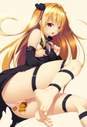 Rule 34 | 1girl, anal, anal object insertion, bad id, bad pixiv id, barefoot, blonde hair, breasts, cleft of venus, clothing aside, detached sleeves, feet, food, food insertion, highres, konjiki no yami, legs, long hair, nipples, object insertion, panties, panties aside, pink eyes, pussy, shokuyou mogura, shueisha, small breasts, solo, taiyaki, thigh strap, to love-ru, toes, uncensored, underwear, vaginal, vaginal object insertion, wagashi