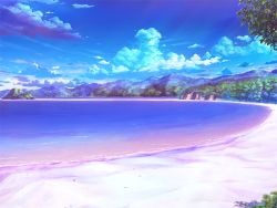 Rule 34 | amakano plus, azarashi soft, beach, blue theme, cloud, cloudy sky, game cg, no humans, ocean, outdoors, purple theme, sky, tree, water
