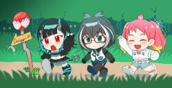 Rule 34 | + +, 3girls, belt, belt bra, black-framed eyewear, black footwear, black gloves, black hair, black jacket, black skirt, blonde hair, blue belt, blue hair, blue panties, blue shorts, blue skirt, blunt bangs, blush, buren, chest belt, chibi, clenched hands, closed eyes, closed mouth, clothing cutout, commentary request, cropped jacket, demon girl, demon horns, demon tail, fangs, flat chest, forest, full body, glasses, gloves, grass, green eyes, grey hair, grey skirt, highleg, highleg panties, highres, hikasa tomoshika, hood, hoodie, horns, jacket, layered skirt, long hair, long sleeves, medium bangs, midriff, multicolored hair, multiple girls, nanashi inc., nature, navel, open clothes, open jacket, open mouth, oura rukako, oura rukako (1st costume), panties, partially fingerless gloves, pink hair, pointy ears, red eyes, road sign, sandals, shishio chris, shoes, short bangs, short hair, shorts, shoulder cutout, sign, silk, skirt, smile, sneakers, socks, sparkle, spider web, stop sign, streaked hair, tail, twintails, two-tone hair, underwear, vest, virtual youtuber, voms, walking, white belt, white footwear, white hair, white hoodie, white vest, zipper, zipper skirt