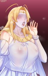 Rule 34 | 1girl, absurdres, after fellatio, artist name, bare shoulders, blonde hair, breasts, collarbone, covered erect nipples, cum, cum in mouth, cum on tongue, detached sleeves, earrings, gradient background, hand up, highres, jewelry, juliet sleeves, kairos+, large breasts, long hair, long sleeves, parted bangs, puffy sleeves, red background, ring, saliva, shiny skin, shirt, shy (series), solo, tongue, tongue out, uni-lord, upper body, white shirt