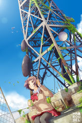 Rule 34 | 1girl, artist name, ascot, bird, black thighhighs, blue sky, cable, cloud, day, dutch angle, harousel, headphones, highres, leaf, lens flare, original, overgrown, plaid, plaid skirt, pleated skirt, purple hair, radio tower, red eyes, short hair, sitting, skirt, sky, soft drink, solo, sweater, thighhighs, wind