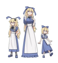 Rule 34 | 3girls, alice (black souls), apron, black ribbon, black souls, blonde hair, blue bow, blue dress, blue footwear, bow, closed mouth, commentary, dress, frills, full body, hair bow, hair ornament, hand on own chest, hand on own hip, highres, long hair, looking at viewer, multiple girls, neck ribbon, pout, purple eyes, rabbit hair ornament, rabbit king, ribbon, short hair, simple background, smile, socks, striped clothes, striped socks, symbol-only commentary, white apron, white background