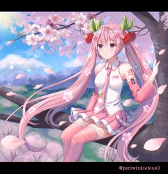 Rule 34 | 1girl, alternate color, breasts, cherry blossoms, cherry hair ornament, closed mouth, collared shirt, commentary, day, detached sleeves, feet out of frame, floating hair, flower, food-themed hair ornament, hair between eyes, hair ornament, hatsune miku, hc (razel1), highres, in tree, letterboxed, long hair, nail polish, necktie, number tattoo, outdoors, petals, pink eyes, pink flower, pink hair, pink nails, pink necktie, pink skirt, pink sleeves, pink thighhighs, pleated skirt, sakura miku, shirt, sitting, sitting in tree, skirt, sleeveless, sleeveless shirt, smile, solo, tattoo, thighhighs, tree, twitter username, very long hair, vocaloid, white shirt