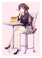 Rule 34 | 10s, 1girl, :d, ahoge, alternate costume, anklet, black footwear, black hair, black shirt, blush, butter, casual, chair, crossed legs, eyelashes, food, fork, full body, grey skirt, hair ribbon, half updo, hand on own face, head rest, high heels, highres, holding, holding fork, honey, jewelry, kantai collection, long hair, long sleeves, looking to the side, miniskirt, multicolored hair, naganami (kancolle), necklace, on chair, open mouth, pancake, pink background, pink hair, plaid, plaid skirt, plate, ribbon, sayori (oskn), shirt, shoes, simple background, sitting, skirt, smile, solo, table, v-neck, very long hair, yellow eyes, yellow ribbon