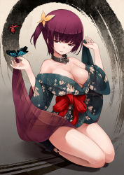 Rule 34 | 1girl, bare shoulders, bdsm, blush, bondage, bound, breasts, butterfly, butterfly hair ornament, collar, hair ornament, japanese clothes, large breasts, maeda risou, original, purple hair, red eyes, short hair, side ponytail, sitting, slave, smile, solo