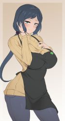 1girl, absurdres, apron, bad id, bad twitter id, beige background, black apron, blue hair, blush, breasts, commentary request, denim, gradient, gradient background, green eyes, gundam, gundam build fighters, hand on own chest, highres, iori rinko, jeans, jewelry, large breasts, long hair, looking at viewer, low-tied long hair, married, milf, pants, pocari sweat (artist), ponytail, ribbed sweater, ring, smile, sweater, turtleneck, yellow sweater