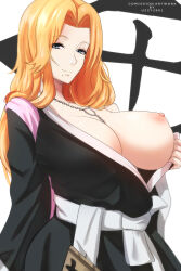 Rule 34 | 1girl, absurdres, bleach, blue eyes, breasts, closed mouth, female focus, flashing, highres, japanese clothes, kimono, large breasts, long hair, looking at viewer, matsumoto rangiku, mole, mole under mouth, nipples, no bra, obi, one breast out, orange hair, pulling own clothes, sash, simple background, smile, solo, standing, upper body, uzzy2801, white background