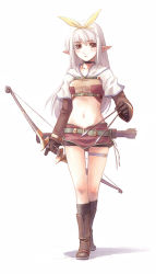 Rule 34 | 1girl, arrow (projectile), bike shorts, blush, boots, bow (weapon), breasts, brown footwear, brown gloves, brown shirt, brown shorts, brown skirt, brown socks, choker, closed mouth, commentary request, crop top, elbow gloves, full body, gloves, hair ribbon, holding, holding arrow, holding bow (weapon), holding weapon, hunter (ragnarok online), jacket, kneehighs, layered sleeves, long hair, long sleeves, looking at viewer, medium breasts, midriff, miniskirt, navel, nyaou, pointy ears, ragnarok online, ribbon, shirt, short over long sleeves, short shorts, short sleeves, shorts, shorts under skirt, simple background, skirt, socks, solo, thigh strap, weapon, white background, white hair, white jacket, yellow ribbon