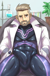 1boy bara beard black_bodysuit blush bodysuit bulge closed_mouth coat covered_abs creatures_(company) erection erection_under_clothes facial_hair game_freak highres lab_coat large_pectorals looking_at_viewer male_focus multicolored_bodysuit multicolored_clothes muscular muscular_male nintendo open_clothes open_coat pectorals pink_bodysuit pokemon pokemon_sv purple_bodysuit short_hair sitting solo thick_thighs thighs turo_(pokemon) undercut weedwolfeatmeat