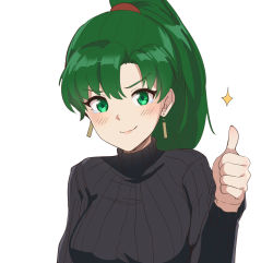 Rule 34 | 1girl, black sweater, earrings, fire emblem, fire emblem: the blazing blade, green eyes, green hair, highres, jewelry, looking at viewer, lyn (fire emblem), nintendo, ormille, ponytail, smile, solo, sweater, tearing up, thumbs up, upper body, white background