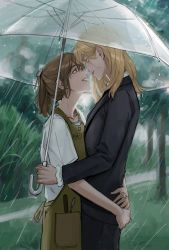 Rule 34 | 2girls, blonde hair, brown eyes, brown hair, character request, commentary request, copyright request, deerwhisky, eye contact, green eyes, highres, holding, holding umbrella, looking at another, medium hair, multiple girls, outdoors, parted lips, rain, teeth, transparent, transparent umbrella, umbrella, upper teeth only, yuri