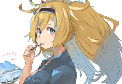 Rule 34 | 1girl, bad id, bad twitter id, blonde hair, blue eyes, blue shirt, breast pocket, breasts, dated, food, gambier bay (kancolle), hair between eyes, highres, holding, holding spoon, kantai collection, large breasts, long hair, looking at viewer, pocket, shaved ice, shirt, signature, simple background, solo, spoon, sunday aki, twintails, upper body, utensil in mouth, white background