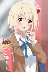 Rule 34 | 1girl, :d, bag, blazer, blonde hair, blue ribbon, blush, bob cut, brown jacket, collared shirt, commentary request, crepe, dars (recolors), food, fruit, hair ribbon, highres, holding, holding food, holding spoon, jacket, long sleeves, looking at viewer, lycoris recoil, neck ribbon, nishikigi chisato, open mouth, red eyes, red ribbon, ribbon, school bag, school uniform, shirt, short hair, smile, solo, spoon, strawberry, upper body, white shirt, winter uniform