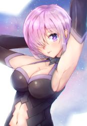 Rule 34 | 1girl, arms up, bad id, bad pixiv id, blush, breasts, cleavage, collarbone, facing viewer, fate/stay night, fate (series), hair over one eye, highres, ippers, large breasts, looking at viewer, mash kyrielight, navel, purple eyes, purple hair, solo, tongue, tongue out, upper body