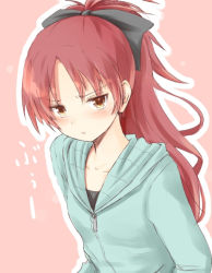 Rule 34 | 10s, 1girl, :|, annoyed, blush, bow, closed mouth, collarbone, flat chest, hair bow, hair ornament, hood, hoodie, long hair, looking at viewer, mahou shoujo madoka magica, mahou shoujo madoka magica (anime), ponytail, pout, red eyes, red hair, ryuunosuke (luckyneco), sad, sakura kyoko, simple background, solo, upper body