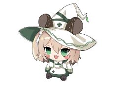 1girl alternate_costume animal_ears apron blush_stickers brown_hair chibi chibi_only contrast_collar ddrawins dress fang green_dress green_eyes hat highres indie_virtual_youtuber large_hat long_sleeves medium_hair name_tag nimi_nightmare nurse one_side_up open_mouth rounded_collar simple_background sleeves_past_fingers sleeves_past_wrists smile solo tapir_ears tapir_girl virtual_youtuber white_apron white_background white_hat witch_hat