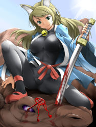 Rule 34 | 1girl, 7th dragon, 7th dragon (series), :p, animal ears, anklet, bell, blonde hair, blood, bodysuit, bow, breasts, cleavage, collar, covered erect nipples, defeat, fox ears, green eyes, hiru okita, jewelry, katana, large breasts, latex, long hair, monster, namuna (7th dragon), nekomura, samurai, samurai (7th dragon), samurai (7th dragon), shoes, skin tight, solo, stab, sword, tongue, tongue out, weapon