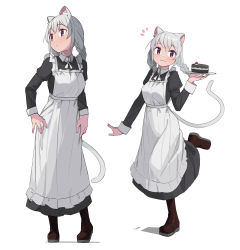 Rule 34 | 1girl, :3, animal ears, boots, braid, cake, cat ears, cat girl, cat tail, food, full body, grey hair, highres, holding, juliet sleeves, long hair, long sleeves, looking at viewer, looking away, maid, multiple views, original, plate, puffy sleeves, purple eyes, saiste, simple background, smile, standing, standing on one leg, tail, twin braids, white background