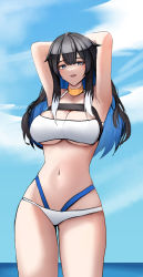 Rule 34 | 1girl, :d, absurdres, arknights, armpits, arms behind head, arms up, bandeau, bikini, black hair, blue eyes, blue hair, blue sky, breasts, choker, cleavage, cloud, colored inner hair, commentary request, cowboy shot, day, highres, kjera (arknights), large breasts, long hair, looking at viewer, multicolored hair, navel, open mouth, sky, smile, solo, standing, stomach, swimsuit, thighs, wawamachi (wawamachis), white bikini, yellow choker