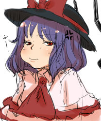 Rule 34 | 1girl, :i, anger vein, ascot, bakuya, blush, bow, dress, half-closed eyes, hat, hat bow, highres, looking at viewer, nagae iku, portrait, pout, purple hair, red eyes, sketch, solo, touhou, white background
