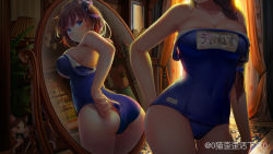 Rule 34 | 1girl, blue eyes, blue one-piece swimsuit, breasts, brown eyes, clothes pull, huge filesize, indoors, looking at viewer, mwwhxl, one-piece swimsuit, one-piece swimsuit pull, original, short hair, solo, swimsuit