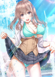 Rule 34 | 1girl, :d, absurdres, aqua bra, aqua panties, barefoot, black skirt, blue sky, bra, breasts, brown hair, brown vest, bush, cherry blossoms, cleavage, clothes lift, cloud, collarbone, collared shirt, commentary, day, feet, fountain, gluteal fold, grey eyes, hair between eyes, hair ornament, hair scrunchie, hazuki gyokuto, highres, large breasts, lifting own clothes, long hair, looking at viewer, open mouth, original, outdoors, panties, park, pleated skirt, scrunchie, second-party source, shirt, sidelocks, skirt, skirt lift, sky, sleeves rolled up, smile, solo, standing, standing on one leg, sunlight, teeth, thighs, toes, underboob, underwear, upper teeth only, vest, water drop, white shirt