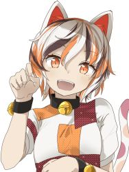 Rule 34 | 1girl, :d, animal ear fluff, animal ears, bell, black collar, bracelet, breasts, cat ears, cat tail, collar, goutokuji mike, hair between eyes, hand up, highres, jewelry, jingle bell, looking at viewer, medium breasts, multicolored hair, open mouth, orange eyes, paw pose, puffy short sleeves, puffy sleeves, shirt, short hair, short sleeves, silver hair, simple background, smile, solo, streaked hair, tail, touhou, tyouseki, upper body, white background, white shirt