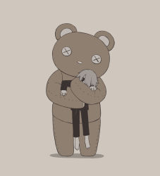 Rule 34 | 1boy, absurdres, avogado6, barefoot, black eyes, black pants, black shirt, button eyes, buttons, grey background, grey hair, highres, holding, holding person, hug, looking at viewer, male focus, original, oversized object, pajamas, pants, shirt, simple background, solo, standing, stuffed animal, stuffed toy, teddy bear