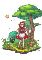 Rule 34 | 1girl, ask (dreaming cat), basket, bird, blonde hair, cat, dress, green eyes, grimm&#039;s fairy tales, hood, little red riding hood, little red riding hood (grimm), solo, twintails