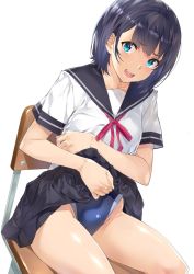 Rule 34 | 1girl, :d, blue eyes, blue hair, chair, clothes lift, commentary request, competition swimsuit, highres, lifted by self, looking at viewer, nagayori, one-piece swimsuit, open mouth, original, pleated skirt, school chair, school uniform, serafuku, sitting, skirt, skirt lift, smile, solo, swimsuit, swimsuit under clothes