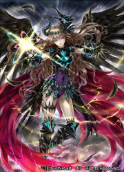 Rule 34 | 1girl, armor, armored boots, bodysuit, boots, brown hair, cardfight!! vanguard, company name, curly hair, feathered wings, feathers, gloves, horns, long hair, magic, official art, purple eyes, revenger waking angel, solo, wings