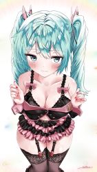 Rule 34 | 1girl, :3, aqua eyes, aqua hair, bare shoulders, belt, black bra, black jacket, black legwear, black skirt, bra, breasts, butterfly hair ornament, cleavage, commentary, cowboy shot, crop top, foreshortening, frilled skirt, frills, from above, garter straps, hair ornament, hands up, hatsune miku, honey whip (module), jacket, lace, lace-trimmed bra, lace-trimmed legwear, lace trim, layered skirt, lingerie, long hair, looking at viewer, medium breasts, nail polish, project diva (series), red nails, seductive smile, shirubaa, shoulder blush, signature, skirt, smile, solo, sweet devil (vocaloid), twintails, underwear, vocaloid, wrist cuffs