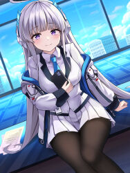 Rule 34 | 1girl, absurdres, black pantyhose, blue archive, blue necktie, blush, collared shirt, halo, hamu (hvmzld123), highres, holding, holding notebook, id card, jacket, long hair, looking at viewer, necktie, noa (blue archive), notebook, off shoulder, pantyhose, pleated skirt, purple eyes, shirt, skirt, smile, solo, white hair, white jacket, white shirt, white skirt