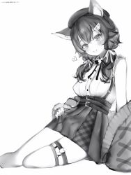 Rule 34 | 1girl, absurdres, animal ear fluff, animal ears, bare arms, bare legs, belt, beret, greyscale, hair between eyes, hair ornament, hair ribbon, hairclip, hand on own hip, hat, heart, high-waist skirt, highres, hololive, jacket, light blush, long hair, looking at viewer, low twintails, monochrome, nanashi (nlo), off shoulder, official alternate costume, ookami mio, ookami mio (street), ribbon, shirt, simple background, sitting, skirt, sleeveless, sleeveless shirt, smile, solo, thigh strap, twintails, virtual youtuber, wolf ears, yokozuwari