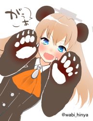 Rule 34 | &gt;:d, 10s, 1girl, :d, animal ears, animal hands, ascot, bad id, bad twitter id, bear ears, bear paws, blue eyes, blush, brown hair, fangs, hair ornament, highres, hinya (wabi), kantai collection, kumano (kancolle), long hair, name connection, open mouth, pun, school uniform, simple background, smile, solo, v-shaped eyebrows