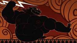 Rule 34 | 1boy, abs, alternate muscle size, bara, belly rest, cloud, dinosaur boy, electricity, electrokinesis, fine art parody, furry, furry male, godzilla, godzilla (series), greek painting style, hercules (1997 film), here comes zeuszilla (meme), highres, holding lightning bolt, huge pectorals, male focus, meme, muscular, muscular male, nude, outstretched arm, parody, profile, racesolar, solo, strongman waist, style parody, upper body, zeuszilla (plasmili0)