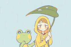 Rule 34 | 1girl, animated, animated gif, blush stickers, brown eyes, brown hair, closed mouth, dot mouth, drawstring, frog, highres, hood, hood up, leaf umbrella, long sleeves, looping animation, nostrils, original, rain, red shirt, shirt, squiggle eyes, usaplanet, water drop, yellow raincoat