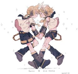 Rule 34 | ahoge, bare shoulders, blonde hair, blue eyes, blush, bow, brother and sister, detached sleeves, evillious nendaiki, eye contact, face-to-face, gemini (constellation), gemini (vocaloid), hair bow, hair ornament, hairclip, hazime, headphones, headset, highres, holding hands, kagamine len, kagamine rin, leg up, leg warmers, looking at another, midriff, midriff peek, neckerchief, necktie, number tattoo, profile, sailor collar, sailor shirt, shirt, short ponytail, short sleeves, shorts, shoulder tattoo, siblings, sleeveless, sleeveless shirt, smile, song name, standing, standing on one leg, tattoo, twins, vocaloid, white bow, yellow neckerchief, yellow necktie