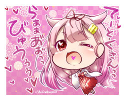 Rule 34 | 1girl, artist name, black ribbon, blonde hair, checkered background, chibi, commentary request, full body, gradient hair, hair flaps, hair ornament, hair ribbon, hairclip, heart, heart in mouth, ichinose ibuki, japanese clothes, kantai collection, long hair, looking at viewer, miko, multicolored hair, one eye closed, pink background, red eyes, ribbon, smile, solo, translation request, yuudachi (kancolle), yuudachi kai ni (kancolle)