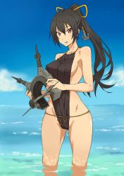 Rule 34 | 10s, 1girl, akitetsu, alternate hairstyle, bad id, bad twitter id, black hair, breasts, covered erect nipples, headgear, unworn headgear, highres, kantai collection, long hair, looking at viewer, nagato (kancolle), ocean, one-piece swimsuit, ponytail, red eyes, solo, swimsuit, wading, water