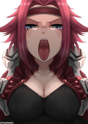 Rule 34 | 1girl, absurdres, artist name, blue eyes, blush, breasts, cleavage, code geass, collarbone, commentary, english commentary, eyebrows, female focus, half-closed eyes, headband, highres, kouzuki kallen, looking at viewer, open clothes, open mouth, red hair, saliva, short hair, simple background, solo, teeth, tomodachi (tomofanart), tongue, tongue out, upper body, upper teeth only