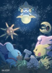 Rule 34 | clefable, clefairy, cleffa, commentary request, creatures (company), from below, game freak, gen 1 pokemon, gen 2 pokemon, gen 3 pokemon, grass, highres, jirachi, legendary pokemon, lunatone, mudkip, mythical pokemon, night, nintendo, no-goku (penicillium), open mouth, outdoors, pikachu, pokemon, pokemon (creature), red eyes, sky, smile, solrock, star (sky), tongue, yellow eyes