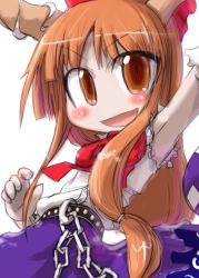 Rule 34 | 1girl, armpits, belt, blush, bow, chain, female focus, hair bow, horns, ibuki suika, looking at viewer, open mouth, orange eyes, orange hair, outstretched arm, purple skirt, red bow, simple background, skirt, solo, tao, tao (kadoya), touhou, white background, wrist cuffs