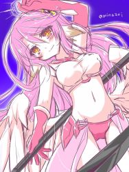 Rule 34 | 1girl, angel wings, bad id, bad twitter id, blue background, blush, breasts, closed mouth, commentary request, spiked halo, crop top, cross, feathered wings, gloves, hair between eyes, halo, holding, holding scythe, holding weapon, jibril (no game no life), large breasts, long hair, looking at viewer, low wings, magic circle, midriff, minazoi kuina, navel, no game no life, pink hair, red eyes, scythe, sketch, smile, solo, stomach, symbol-shaped pupils, twitter username, very long hair, weapon, white wings, wing ears, wings