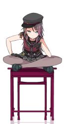 Rule 34 | 1girl, badge, bang dream!, black footwear, black gloves, black neckerchief, buttons, chair, crossed legs, desk, double-breasted, earrings, frown, gloves, green eyes, grey pantyhose, hand on own leg, hat, jewelry, leaning forward, long hair, looking at viewer, lost one no goukoku (vocaloid), miniskirt, neckerchief, on desk, pantyhose, red hair, school chair, school desk, school uniform, serafuku, shipii (jigglypuff), shoes, simple background, sitting, on desk, skirt, sleeveless, solo, udagawa tomoe, vocaloid, white background