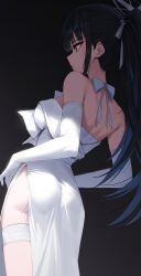 Rule 34 | 1girl, absurdres, ass, bare shoulders, black hair, blue archive, blue hair, breasts, dress, elbow gloves, from behind, garter straps, gloves, gnns, halo, highres, looking ahead, medium breasts, multicolored hair, official alternate costume, ponytail, profile, saori (blue archive), saori (dress) (blue archive), solo, strapless, strapless dress, thighhighs, two-tone hair, white dress, white garter straps, white gloves, white thighhighs